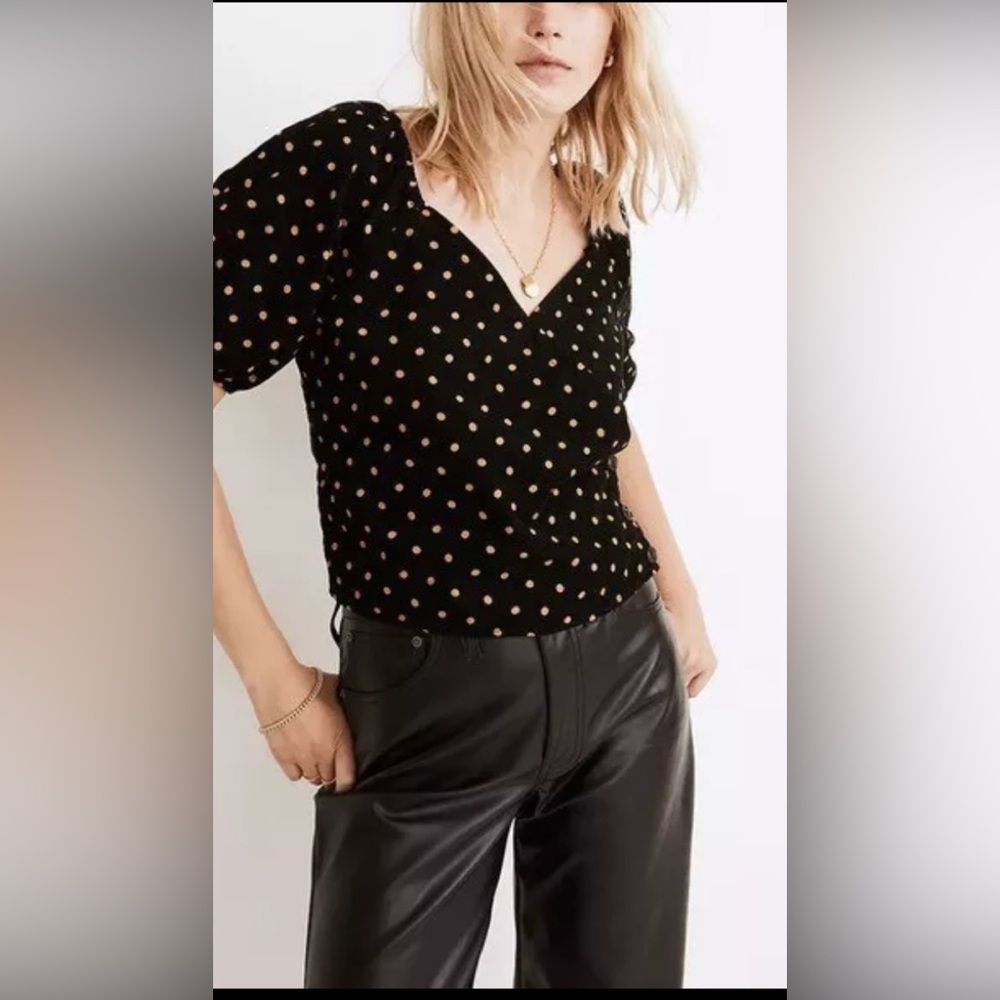 Madewell Corduroy Puff-Sleeve Wrap Top in Oval Dot Size S